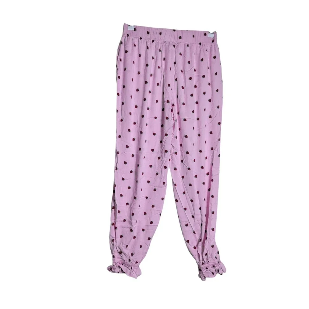 Sweet Society Pink Strawberry Pajama Set Lace Collar Ruffle Top Joggers Medium